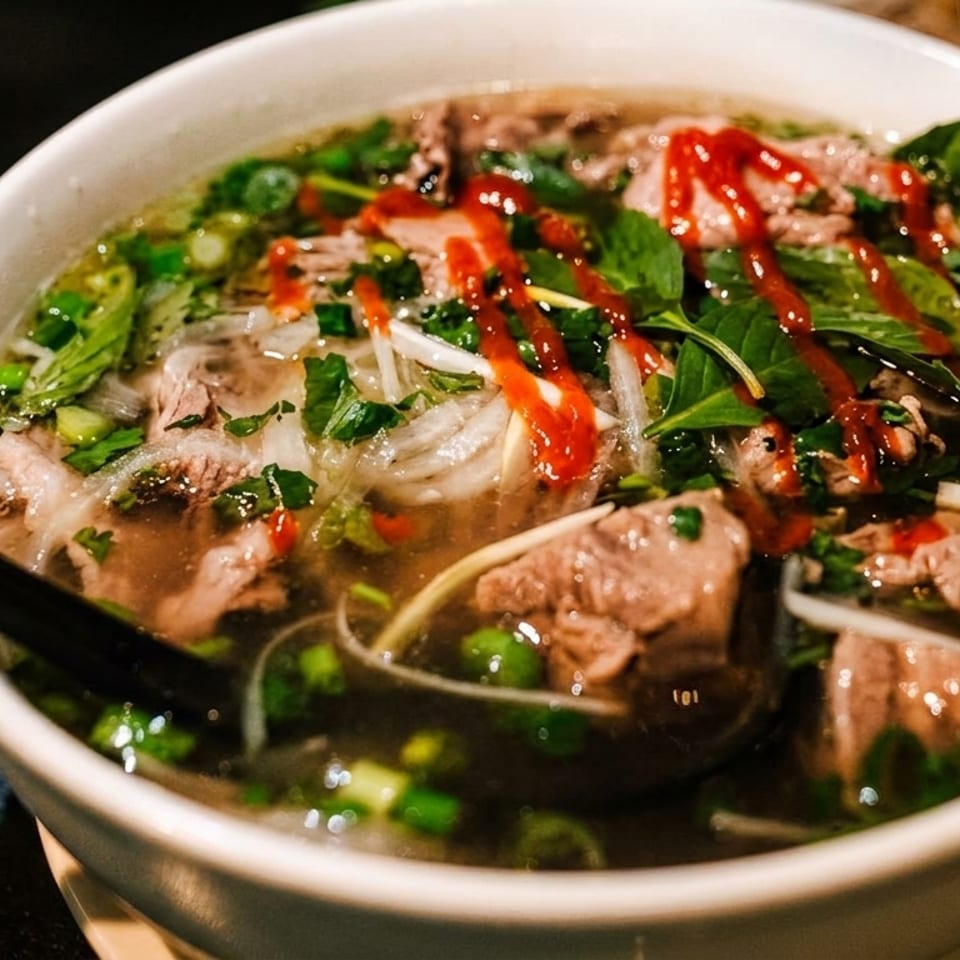 Close-up of a bowl of pho with beef, noodles, herbs, and sriracha, with a spoon.