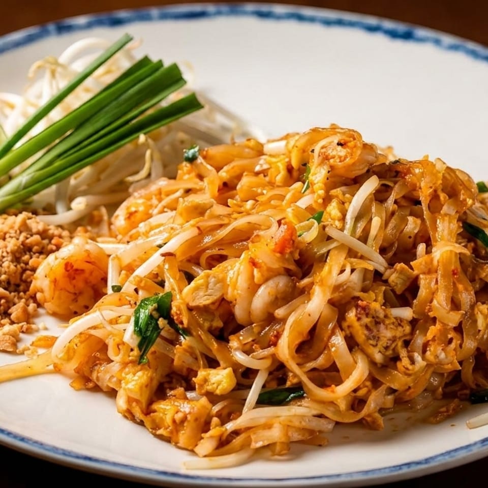 A plate of Pad Thai with noodles, shrimp, bean sprouts, peanuts, lime, and green onions.