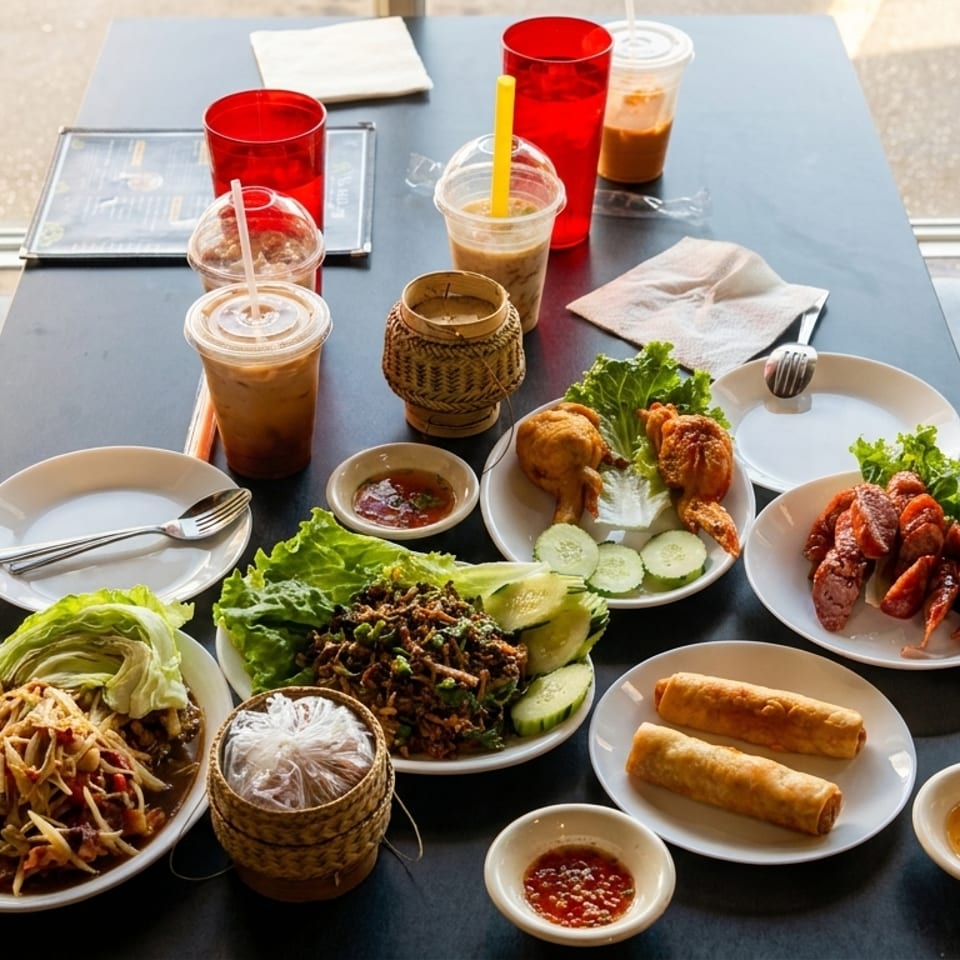 A table laden with various Thai dishes, drinks, and a person's hands resting on the table.