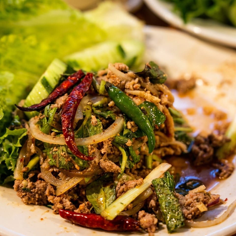 Spicy minced meat salad with fresh lettuce, red and green chilies, and onions on a white plate.