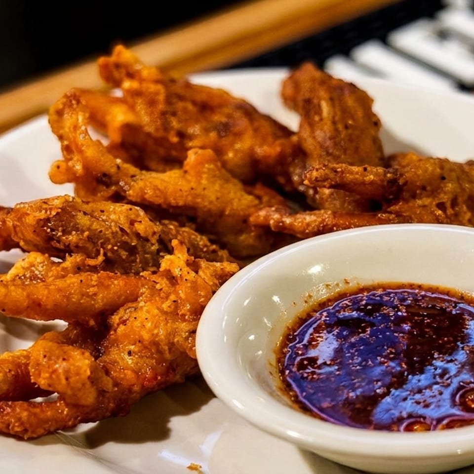 Crispy fried chicken feet on a white plate with a side of dark dipping sauce.