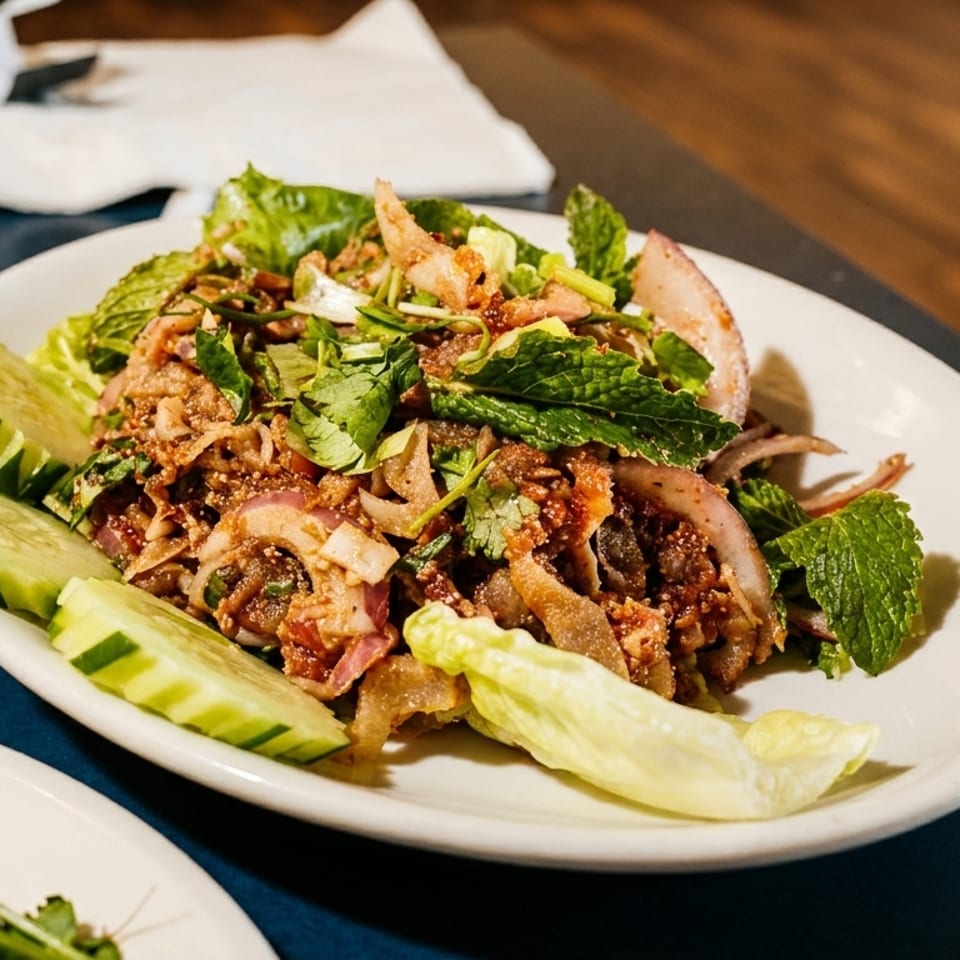 Spicy Thai larb salad with ground meat, herbs, and cucumber slices on a white plate.