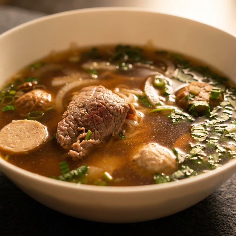 Close-up of a bowl of pho with beef, meatballs, noodles, and green onions.