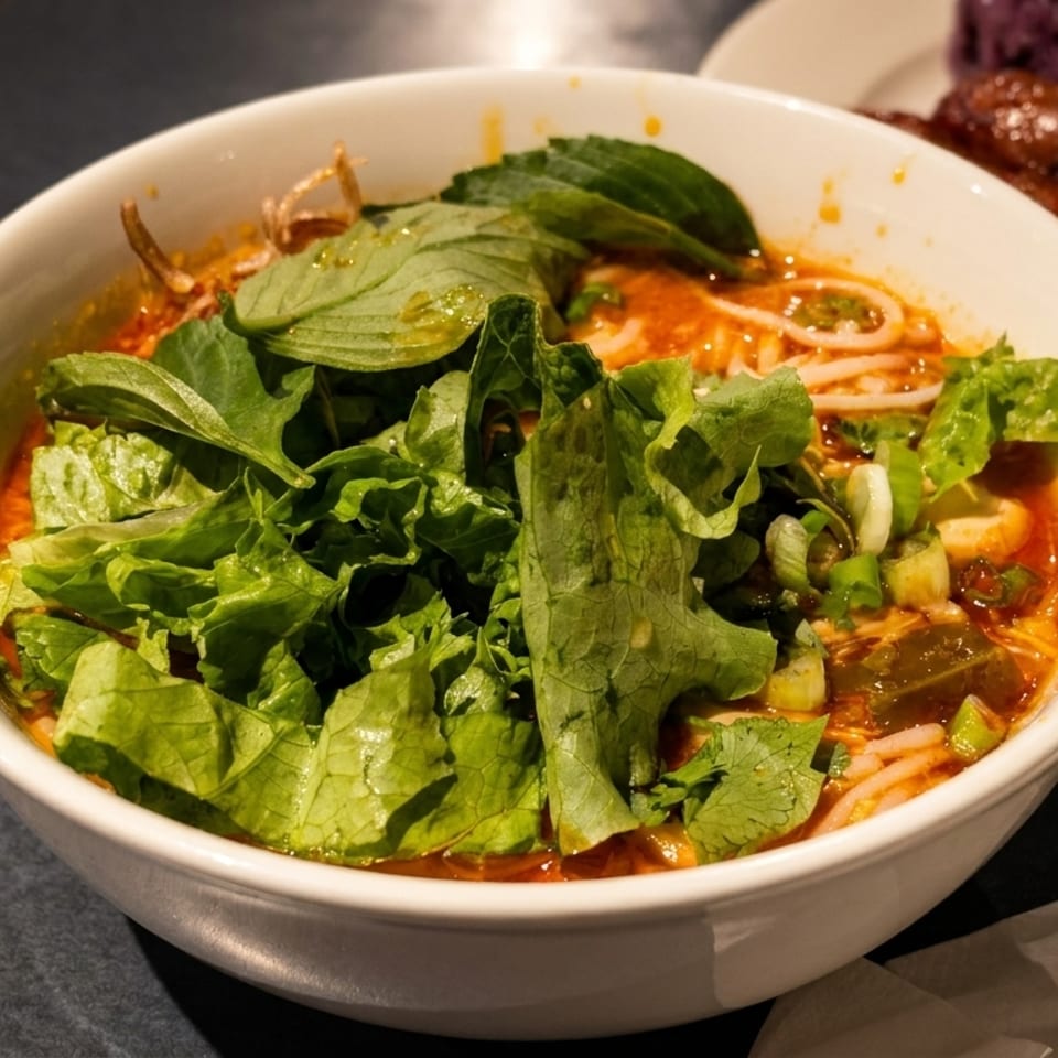 A white bowl of spicy noodle soup with fresh green herbs and lettuce, next to sausages.