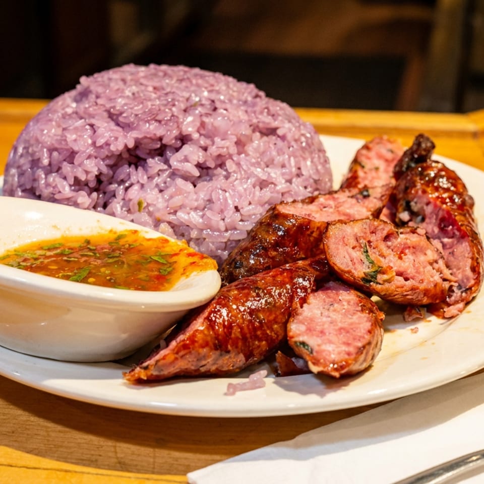 Purple sticky rice, sliced sausage, and a dipping sauce on a white plate.