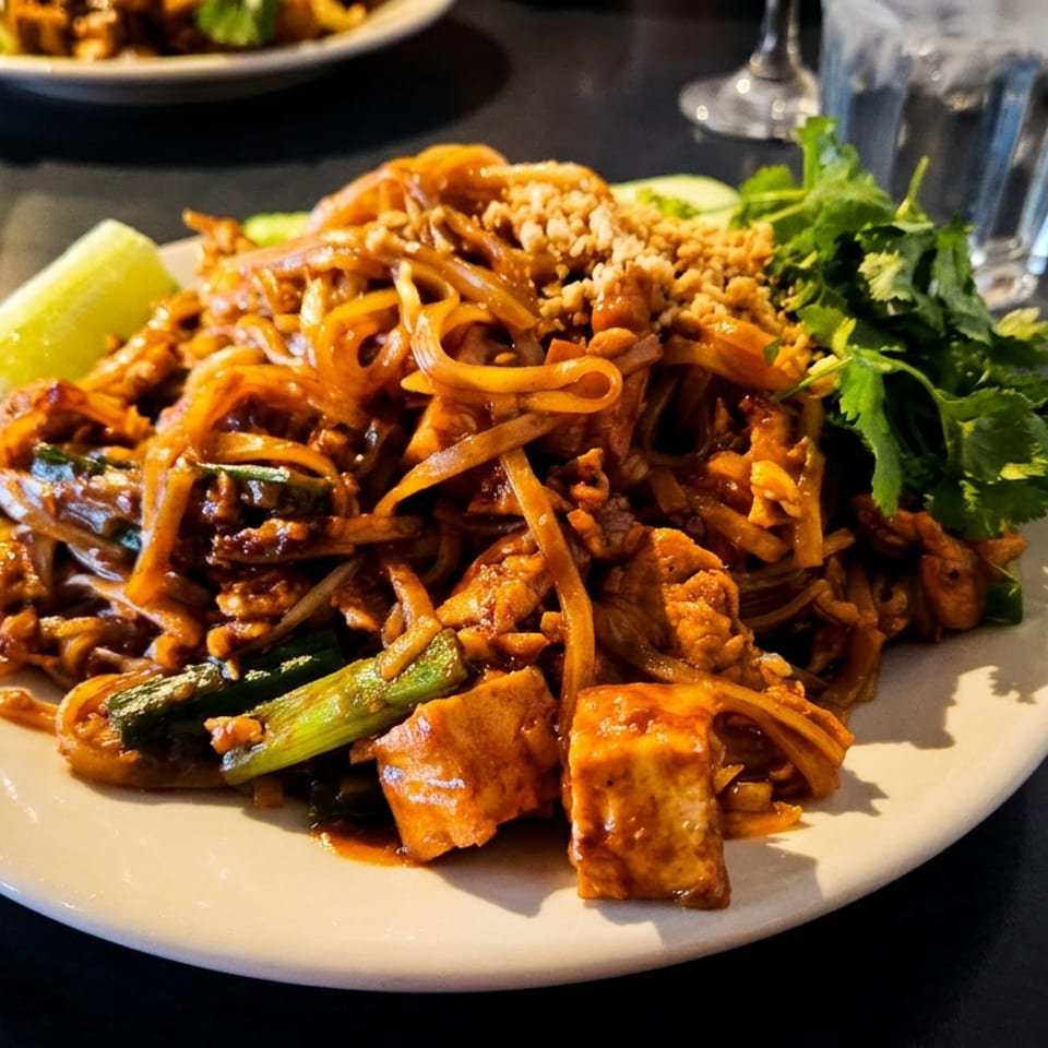 A plate of Pad Thai noodles with tofu, chicken, peanuts, cilantro, and a lime wedge.